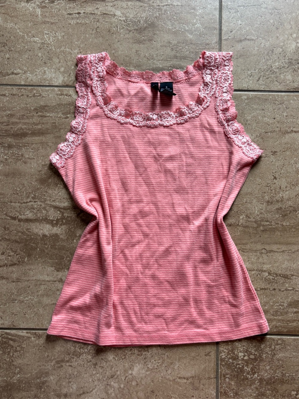 Pink and coral striped fairy lace trim tank top
Jason Maxwell brand